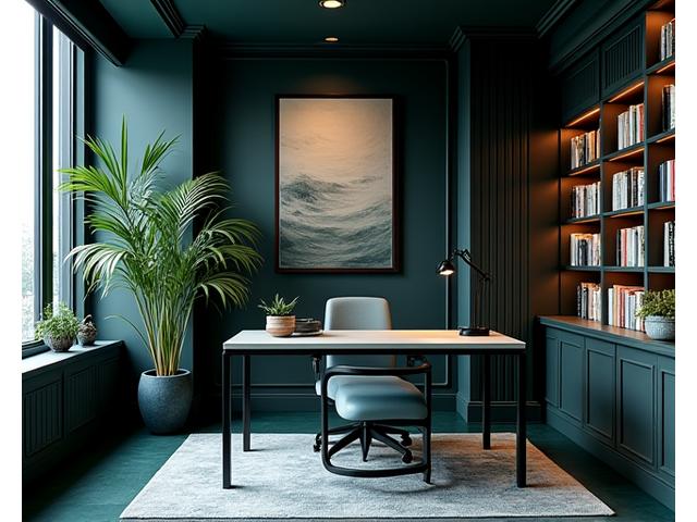 深海の色合いで統一された書斎のインテリア