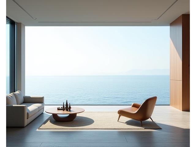 穏やかな海辺の家の中、Abalone Homeの家具が置かれ、静けさが漂う